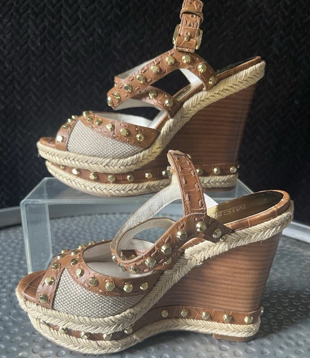 Women's Michael Kors Studded Wedge Brown Leather Rope Detail Size 6M